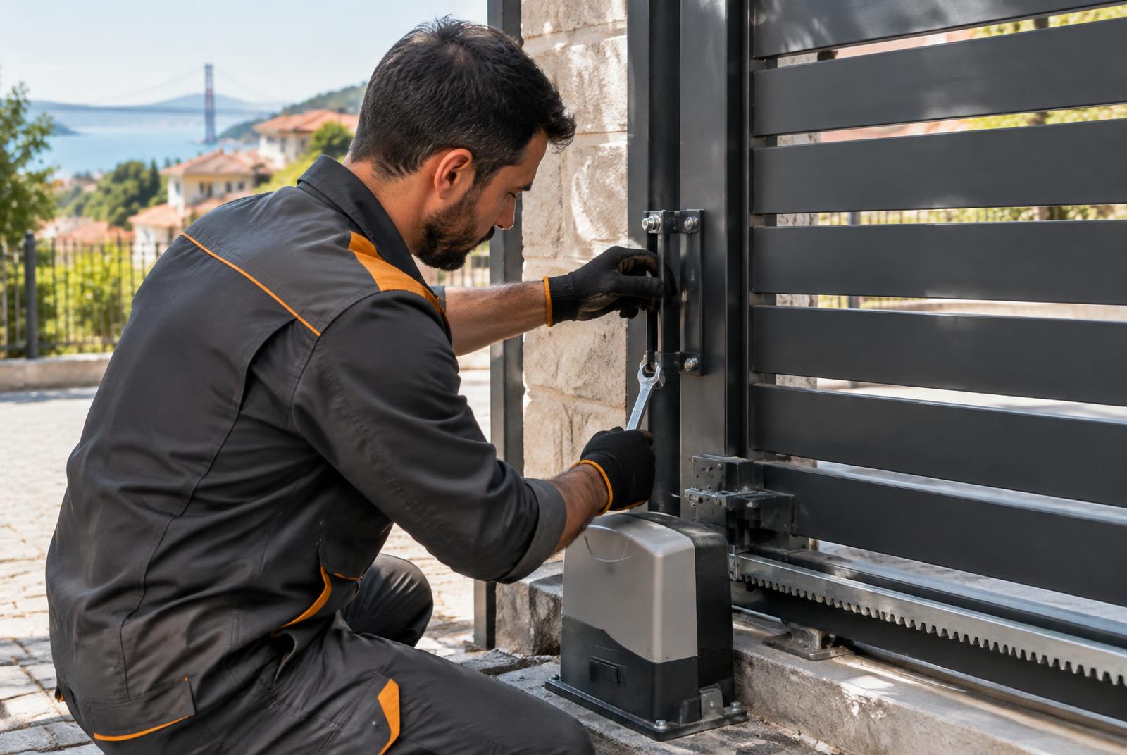 Técnico a fazer manutenção e afinação num portão automático