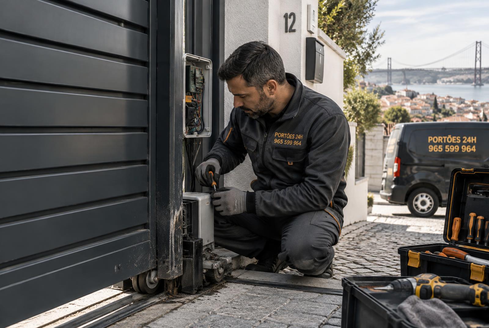 Técnico uniformizado a reparar um portão automático avariado